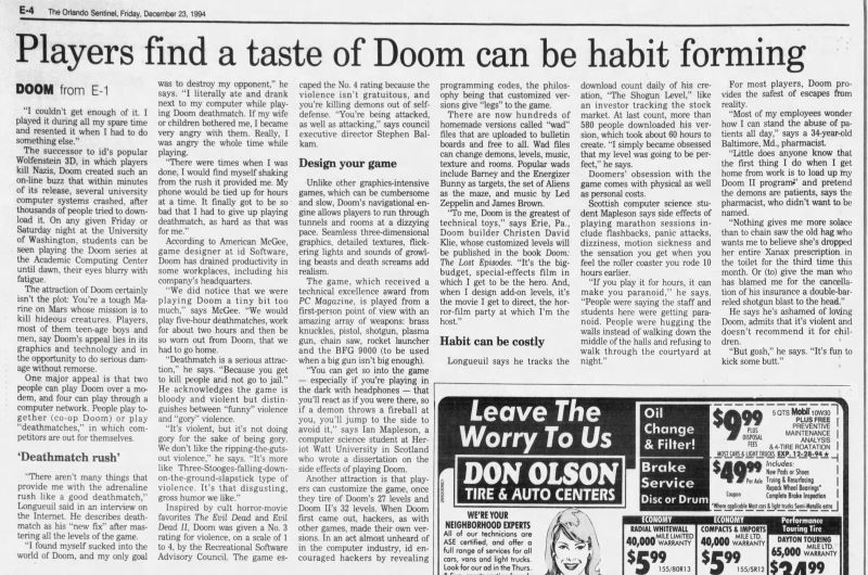 The Orlando Sentinel article, headlined 'Players find a taste of Doom can be habit forming'. Click/tap image for larger size.